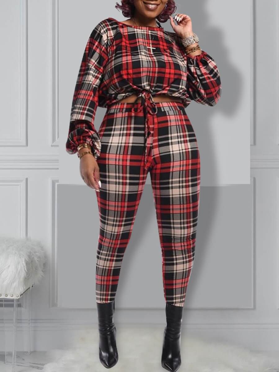 

Lovely Casual Plaid Print Red Plus Size Two-piece Pants Set