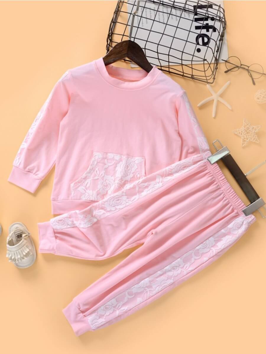 

Lovely Sweet O Neck Lace Patchwork Pink Girl Two-piece Pants Set