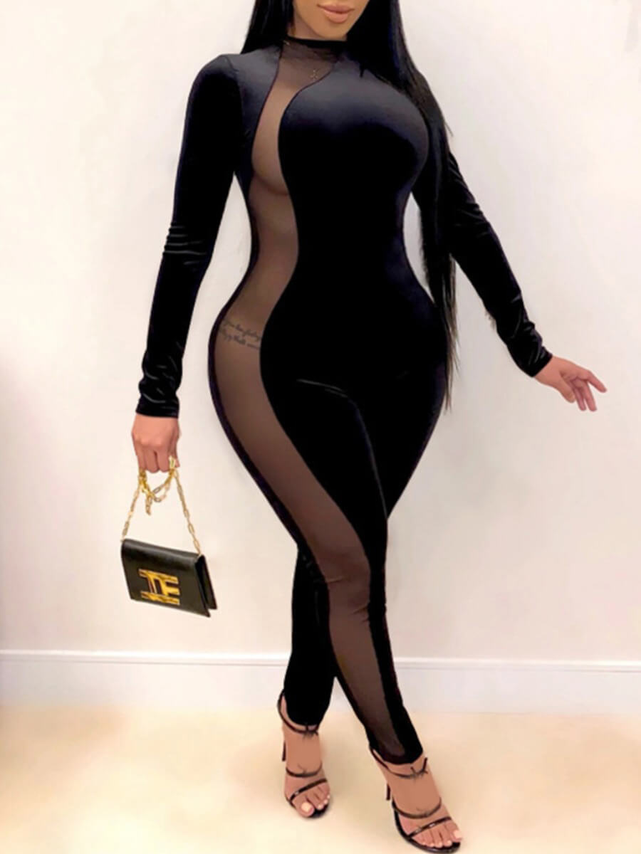 

Lovely Sportswear Patchwork Skinny Black One-piece Jumpsuit