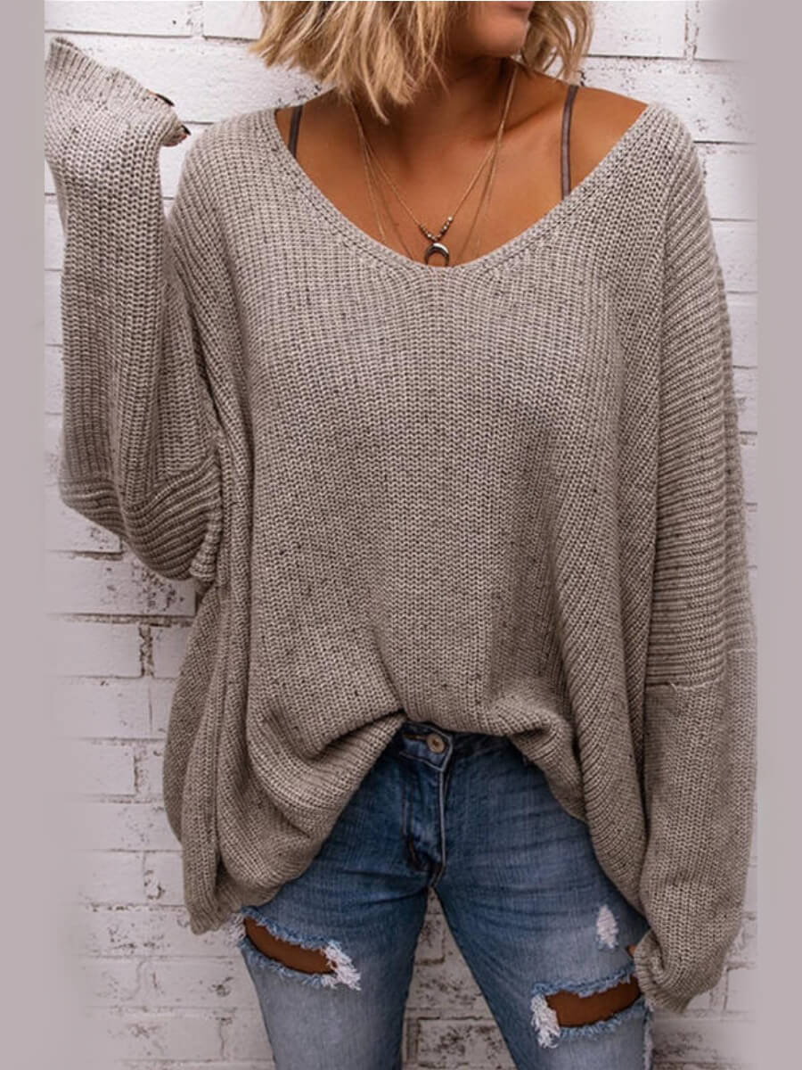 

Lovely Casual V Neck Loose Grey Sweater