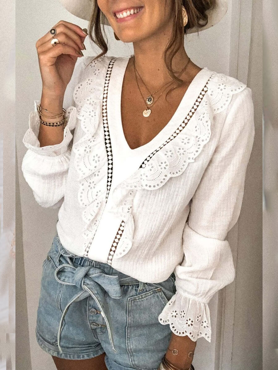 LW Stylish V Neck Lace Patchwork White Blouse