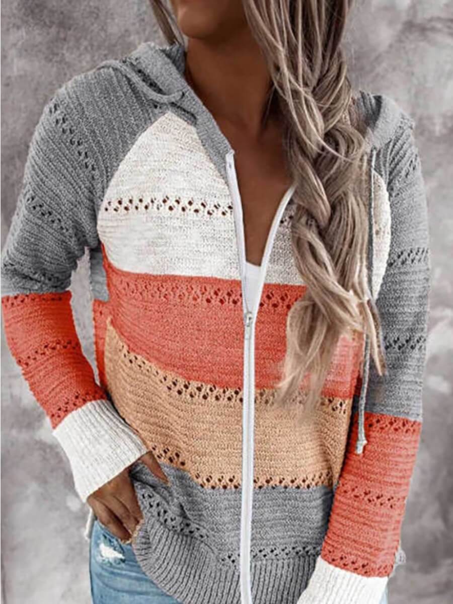 

Lovely Street Hooded Collar Patchwork Zipper Design Grey Cardigan