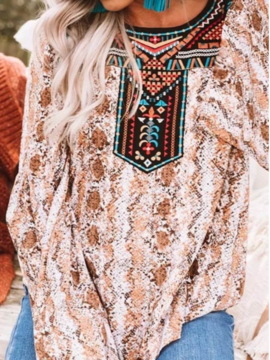 

Lovely Stylish O Neck Print Patchwork Brown Blouse