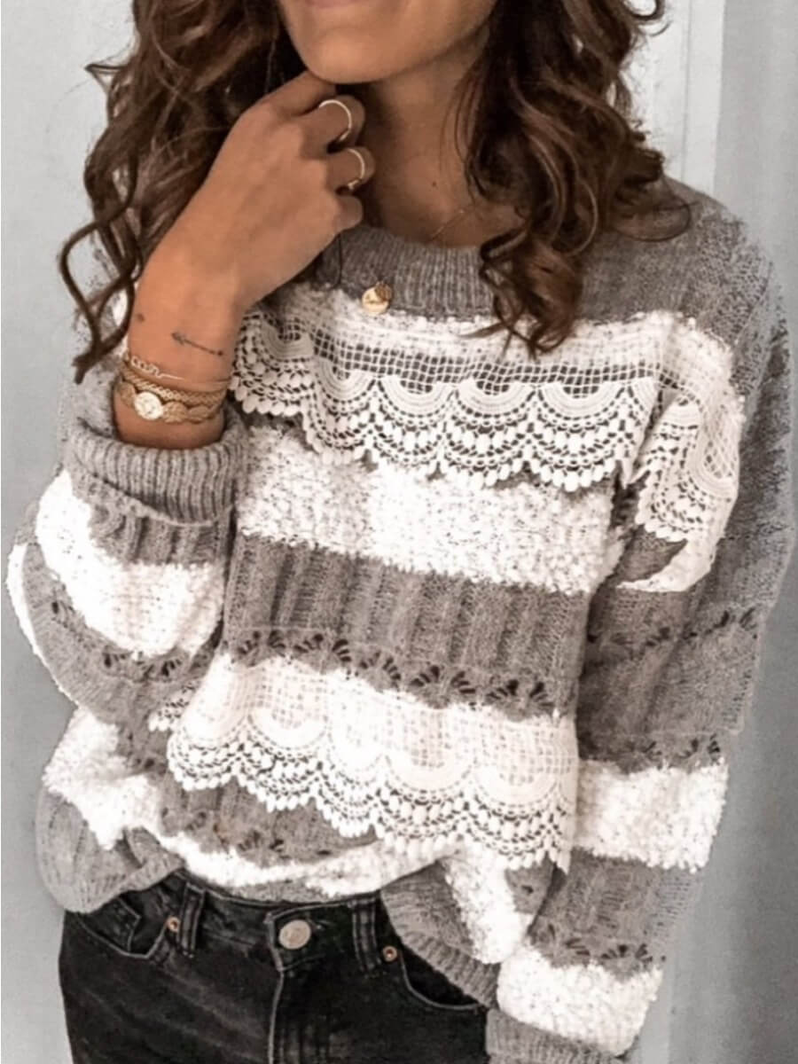 

Lovely Street O Neck Striped Patchwork Grey Sweater