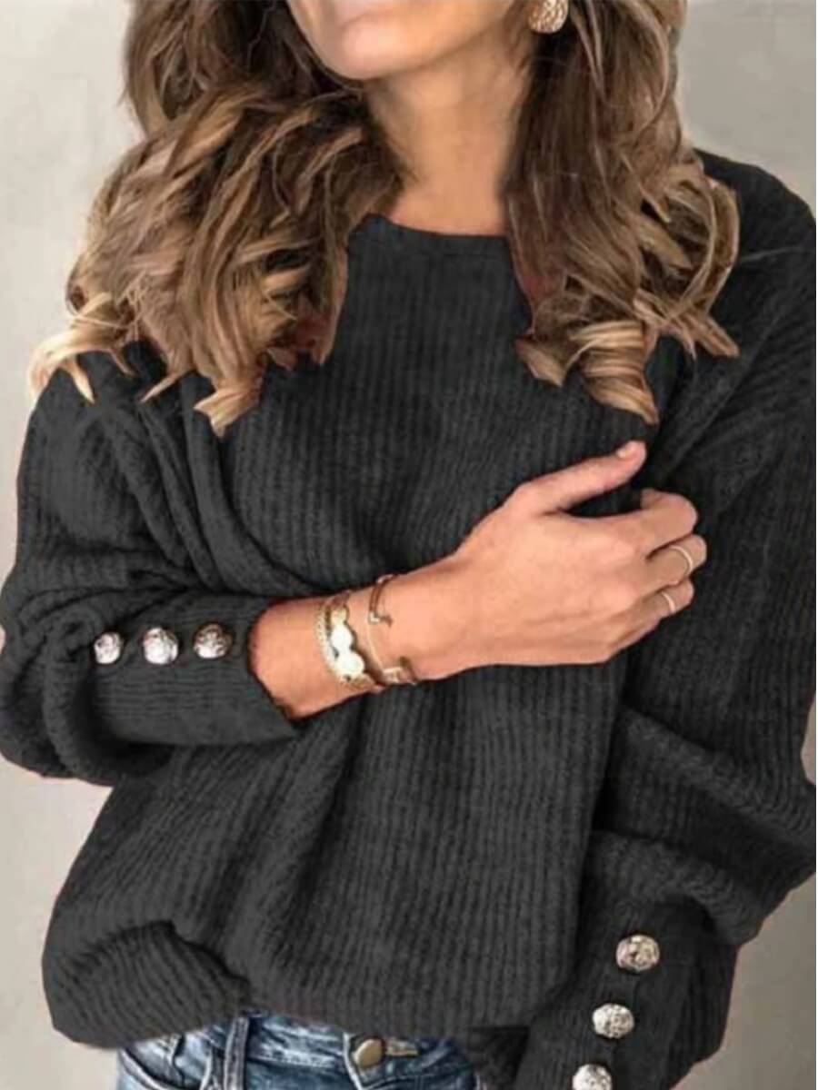 

Lovely Casual O Neck Button Design Black Sweater