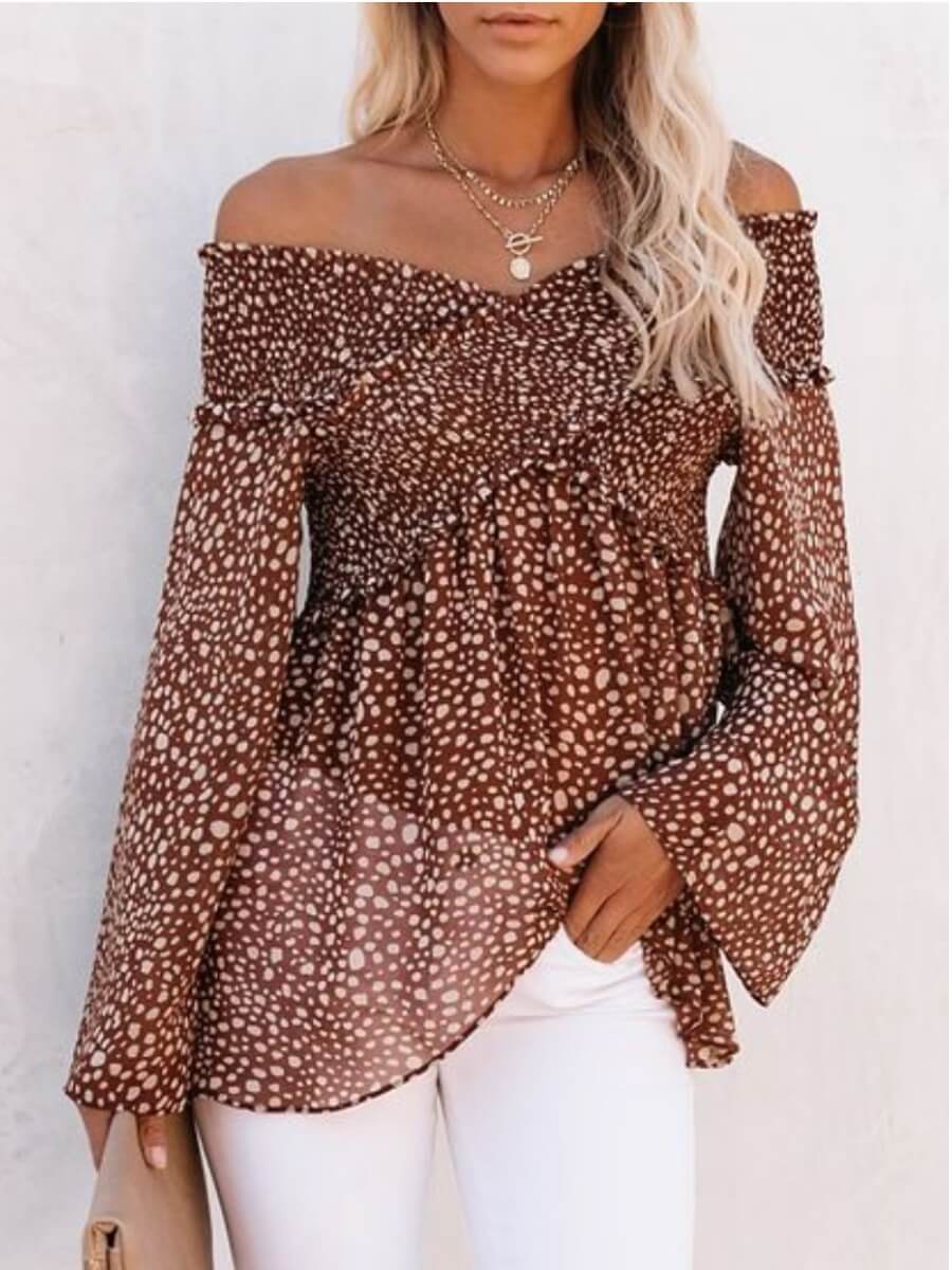 

Lovely Trendy Off The Shoulder White Dot Blouse