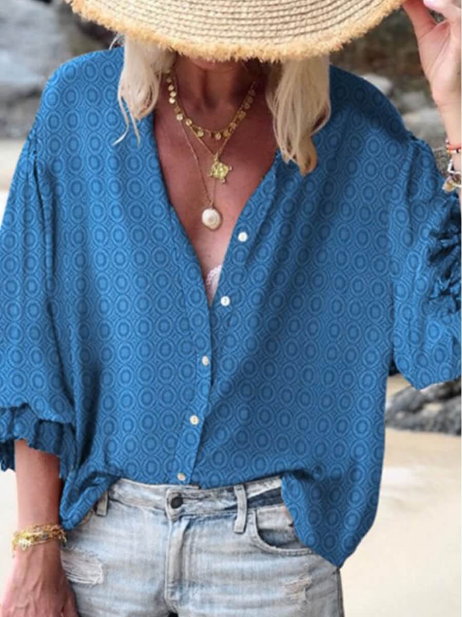 

Lovely Casual V Neck Printed Loose Blue Blouse