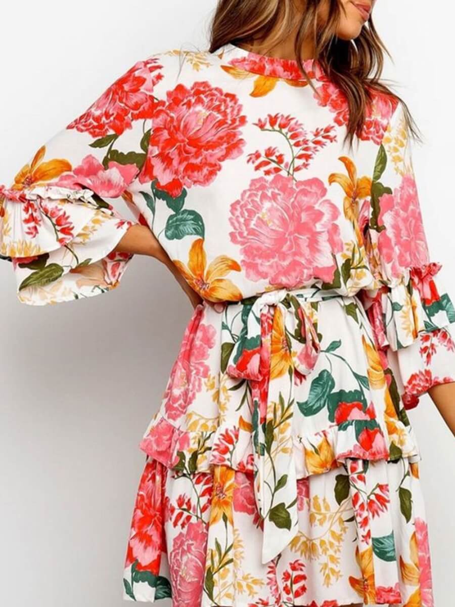 

Lovely Stylish O Neck Floral Pink Mini Dress