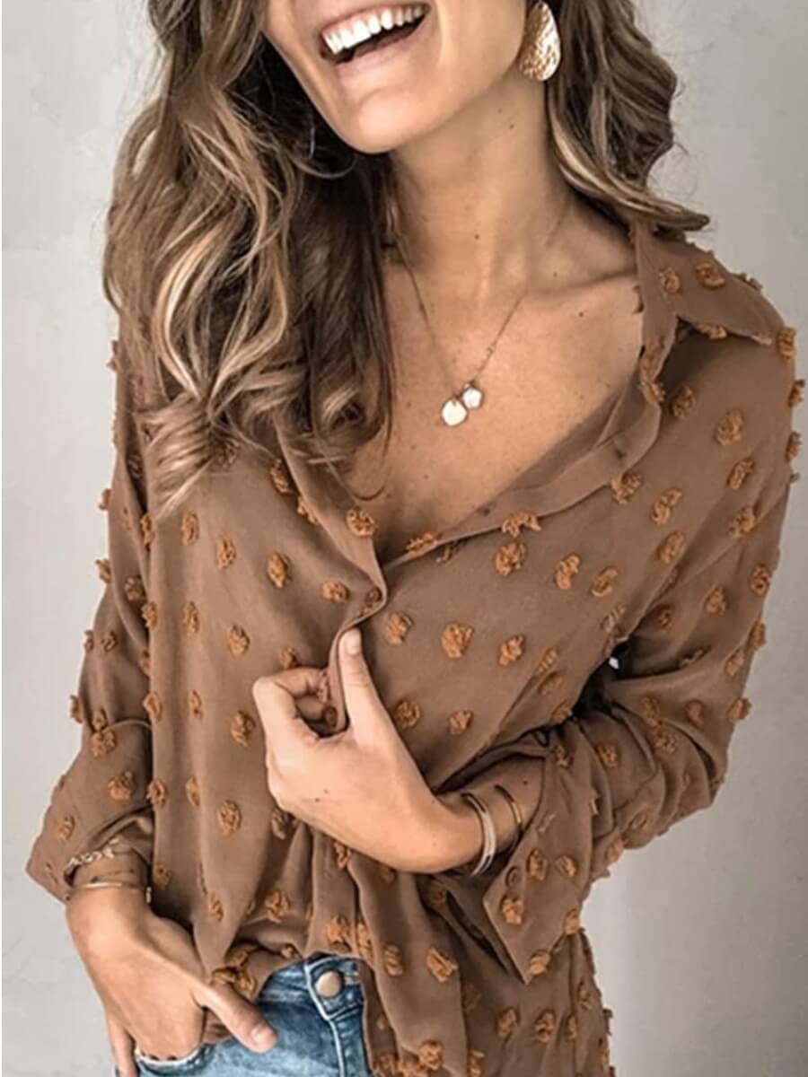 

Lovely Turndown Collar Patchwork Coffee Shirt