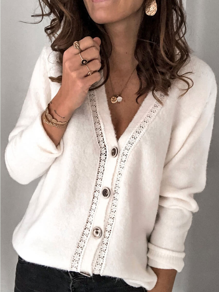 

Lovely Casual V Neck Button Design White Cardigan