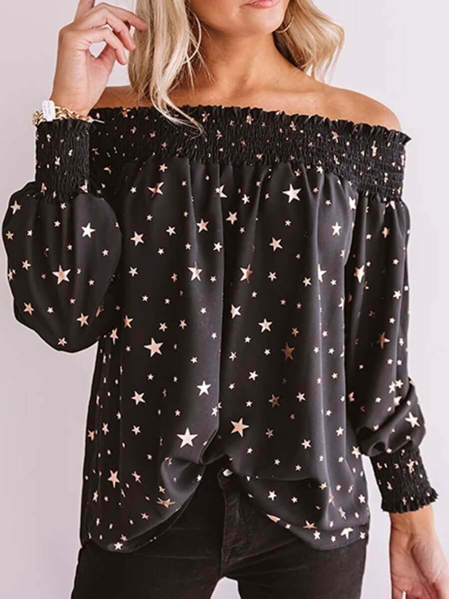

Lovely Stylish Puffed Sleeve Star Print Black Blouse