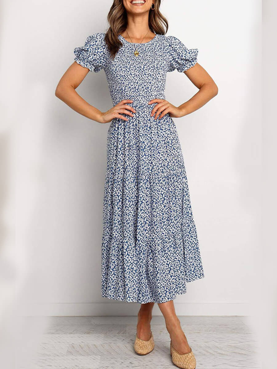 

Lovely Chic V Neck Floral Print Blue Mid Calf Dress