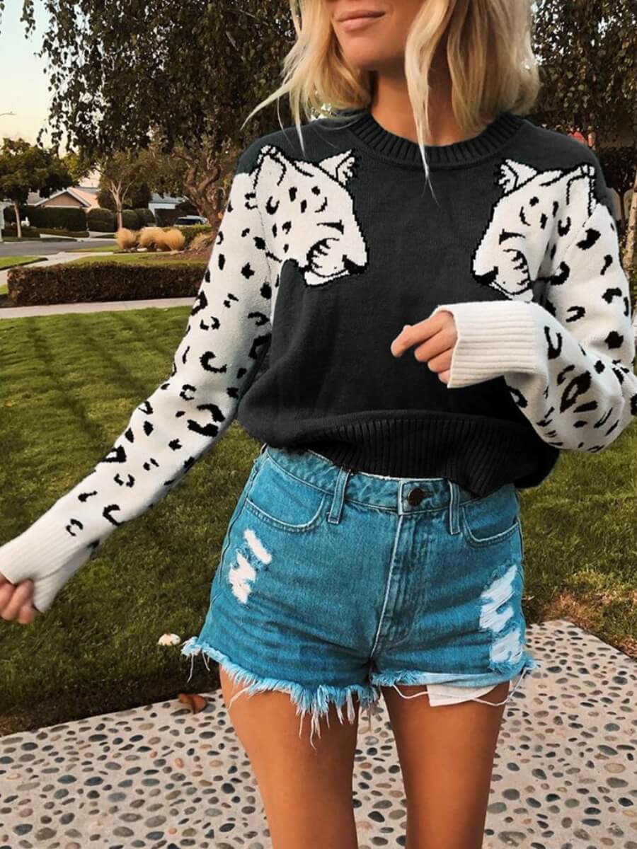 

Lovely Casual Leopard Print Patchwork Black Sweater