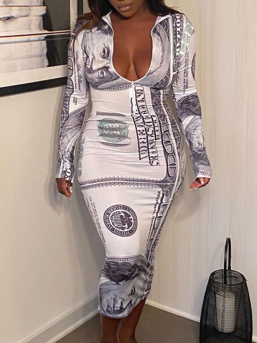 

Lovely Casual V Neck Money Print White Mid Calf Dress
