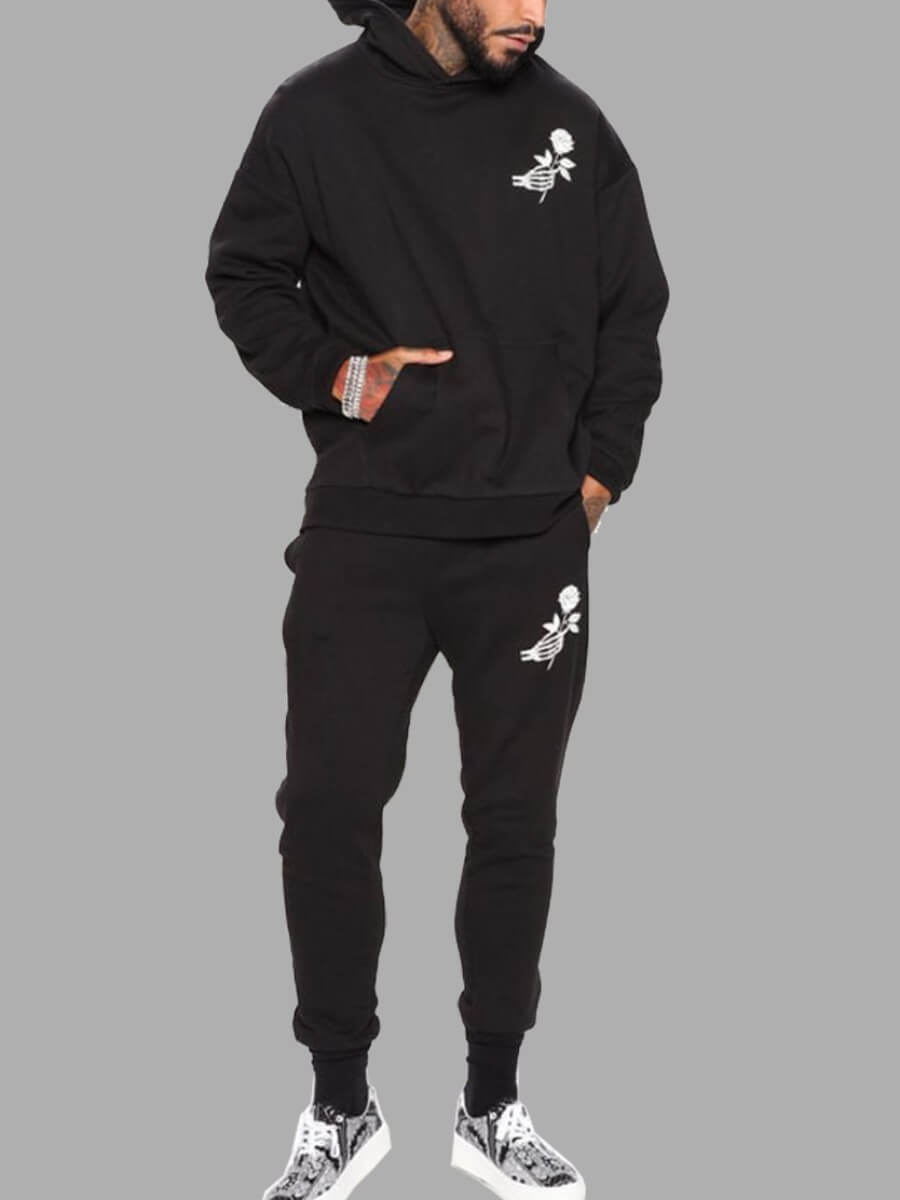 

Lovely Men Casual Hooded Collar Print Black Two-piece Pants Set