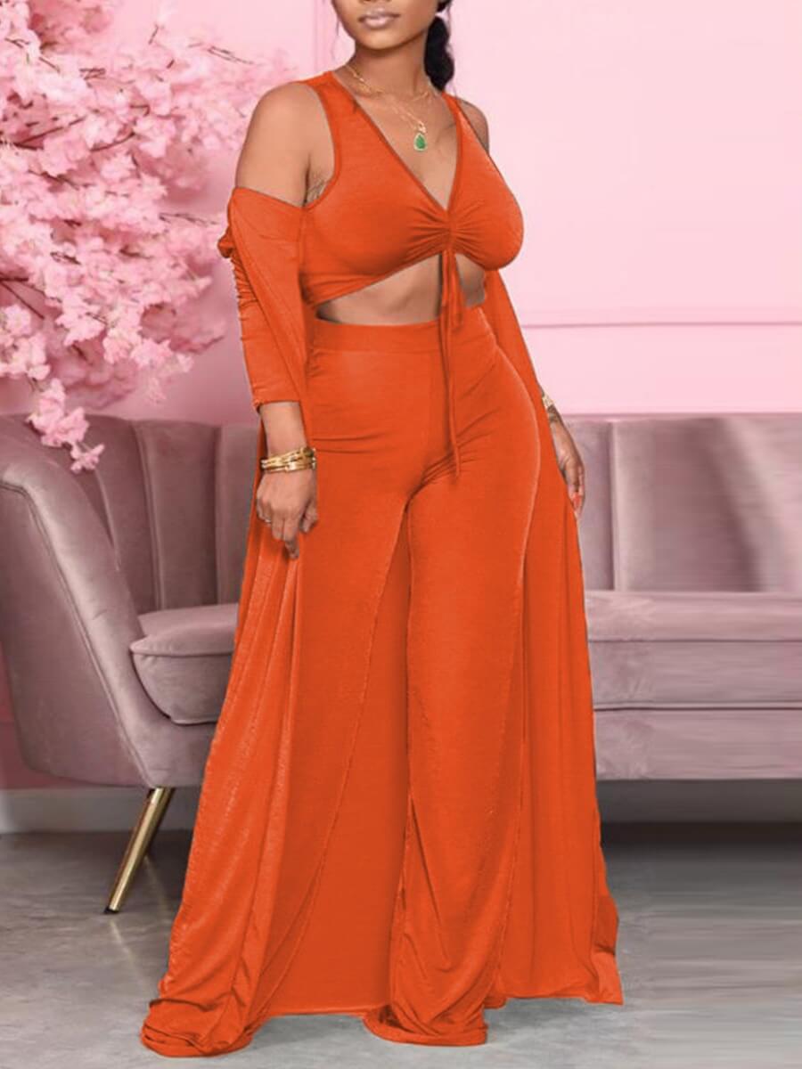 

Lovely Sweet V Neck Knot Design Jacinth Three Piece Pants Set