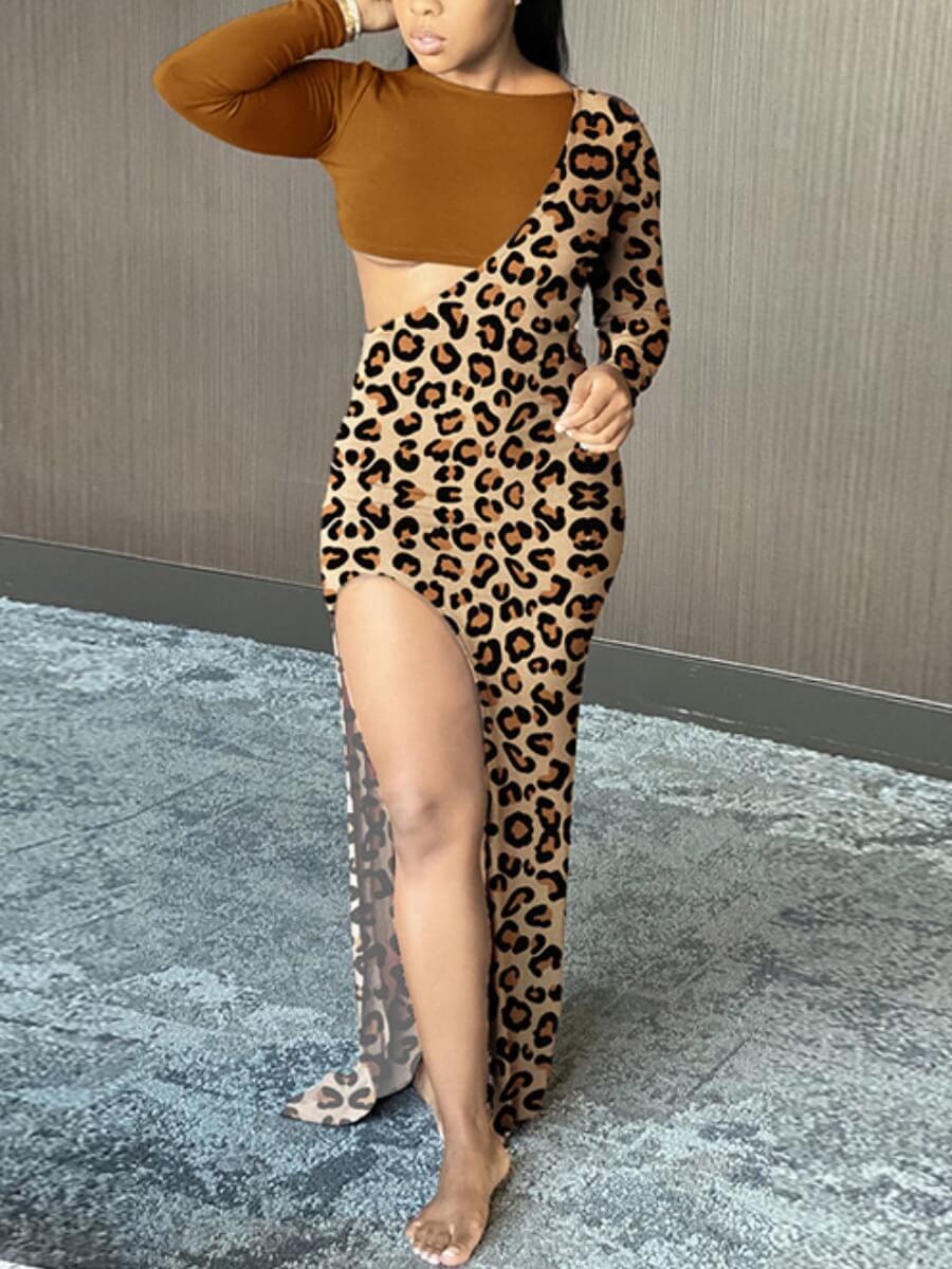

Lovely Casual Hollow-out Print Side High Slit Brown Maxi Dress
