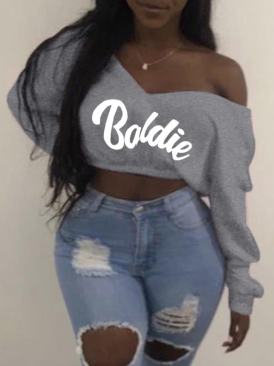 

Lovely Street V Neck Letter Print Grey T-shirt