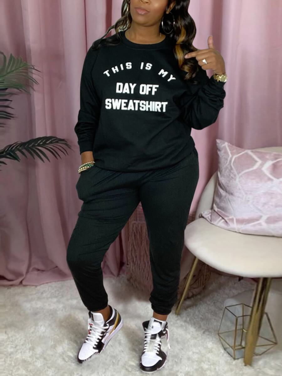 

Lovely Casual O Neck Letter Print Black Two Piece Pants Set