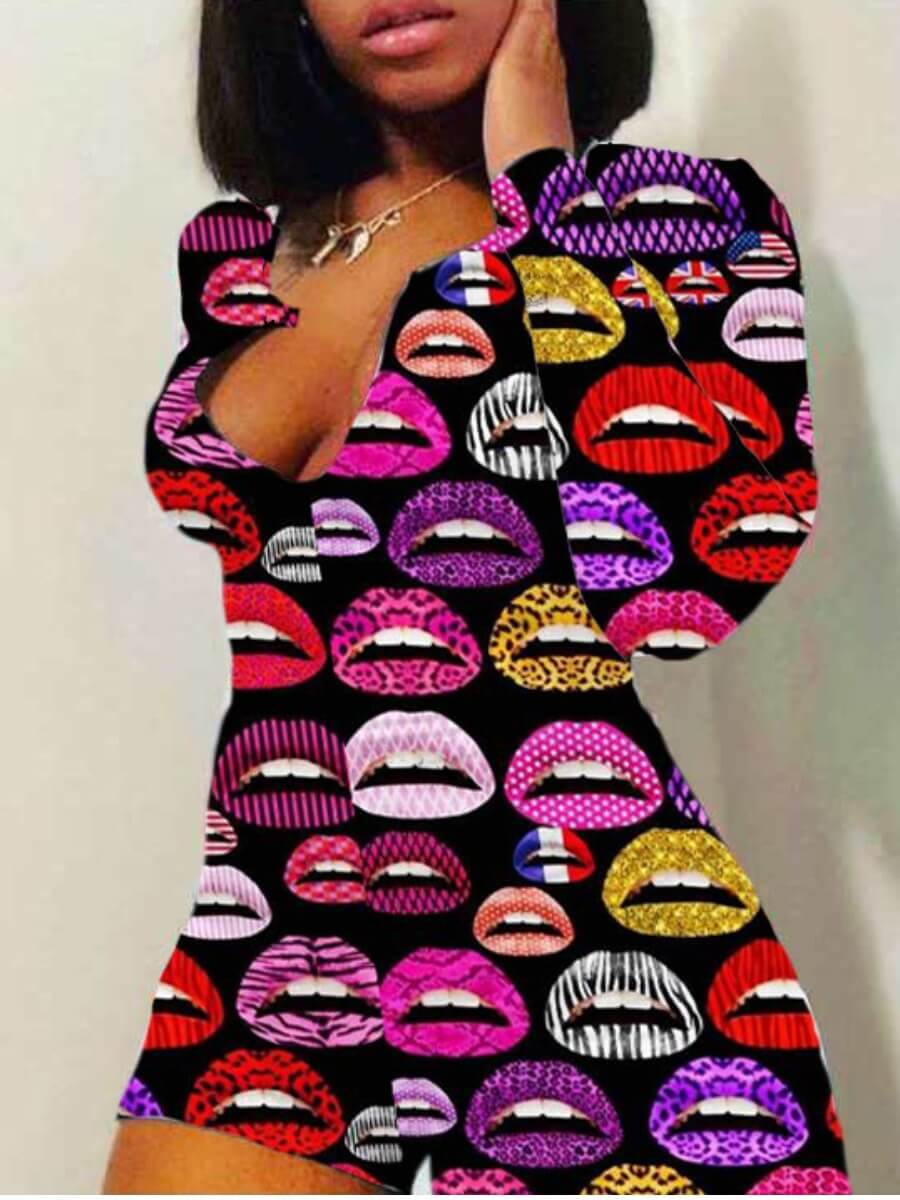 

Lovely Casual Lip Print Skinny Black One-piece Romper