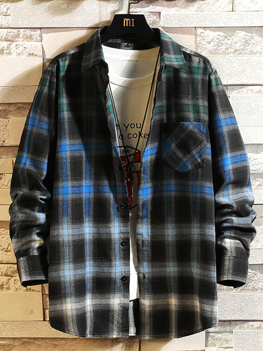 

Lovely Stylish Turndown Collar Grid Print Blue Men Shirt