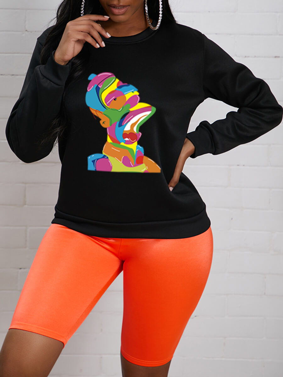 

Lovely Casual O Neck Cartoon Print Black Hoodie