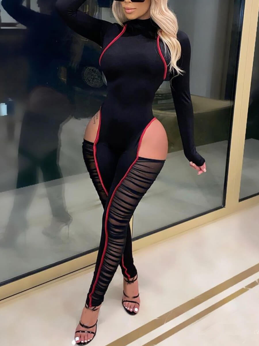 

Lovely Sexy Hollow-out Mesh Patchwork Black One-piece Jumpsuit