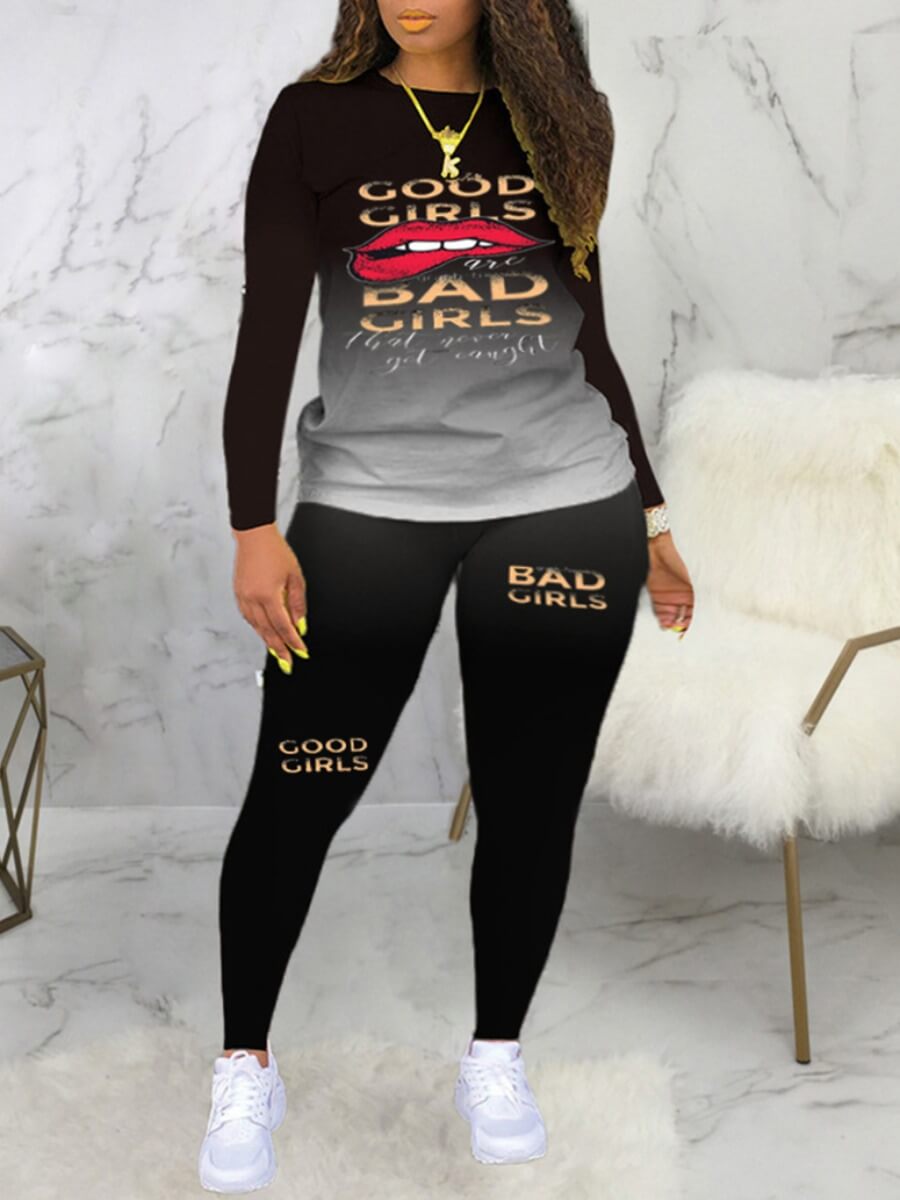 

Lovely Casual Gradient Lip Print Black Plus Size Two-piece Pants Set
