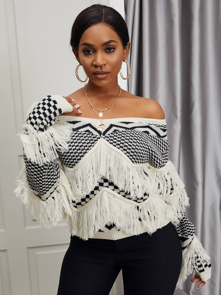 

Lovely Stylish Geometric Print Tassel Design White Sweater