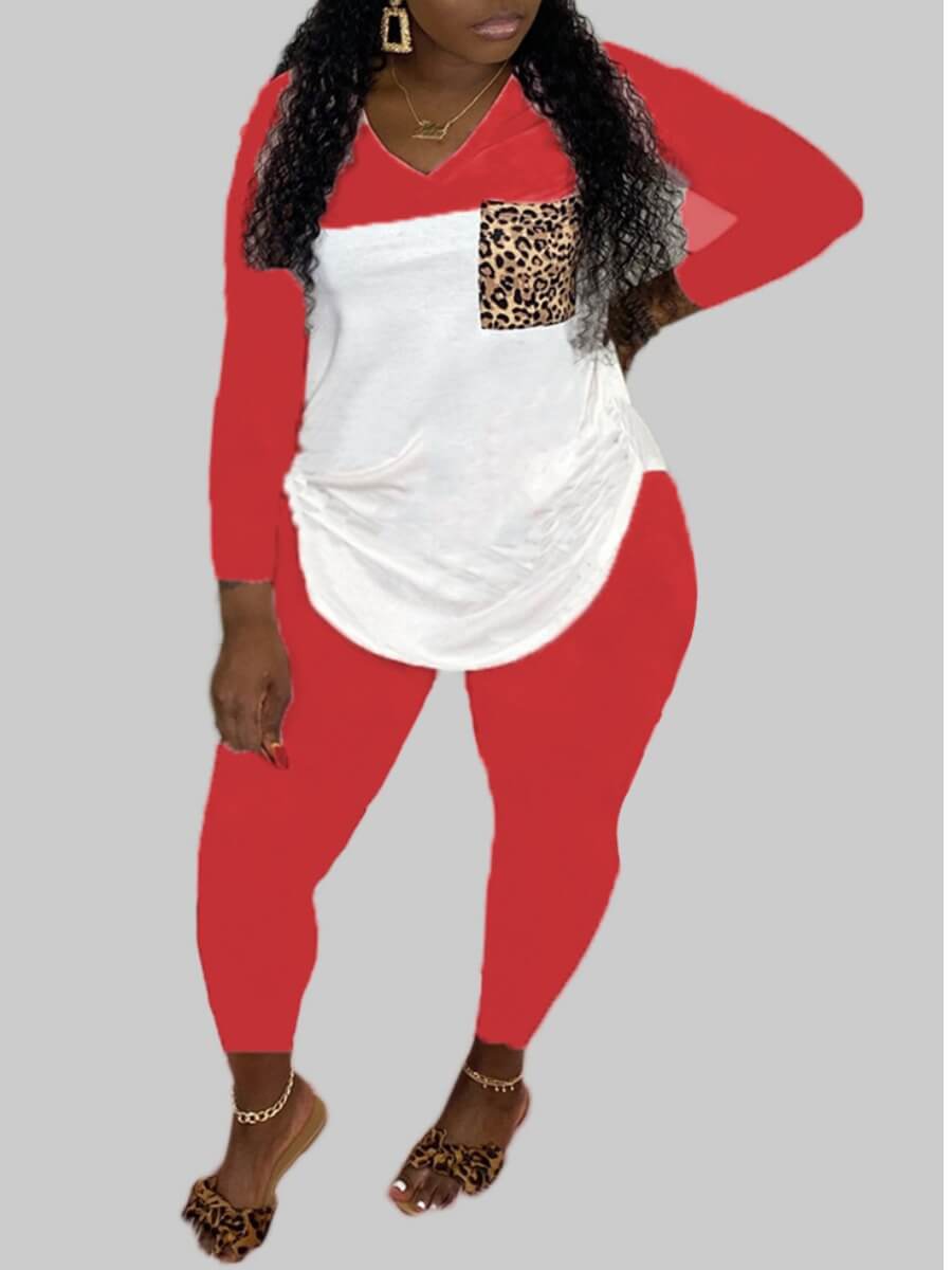 

Lovely Casual V Neck Patchwork Red Plus Size Two-piece Pants Set