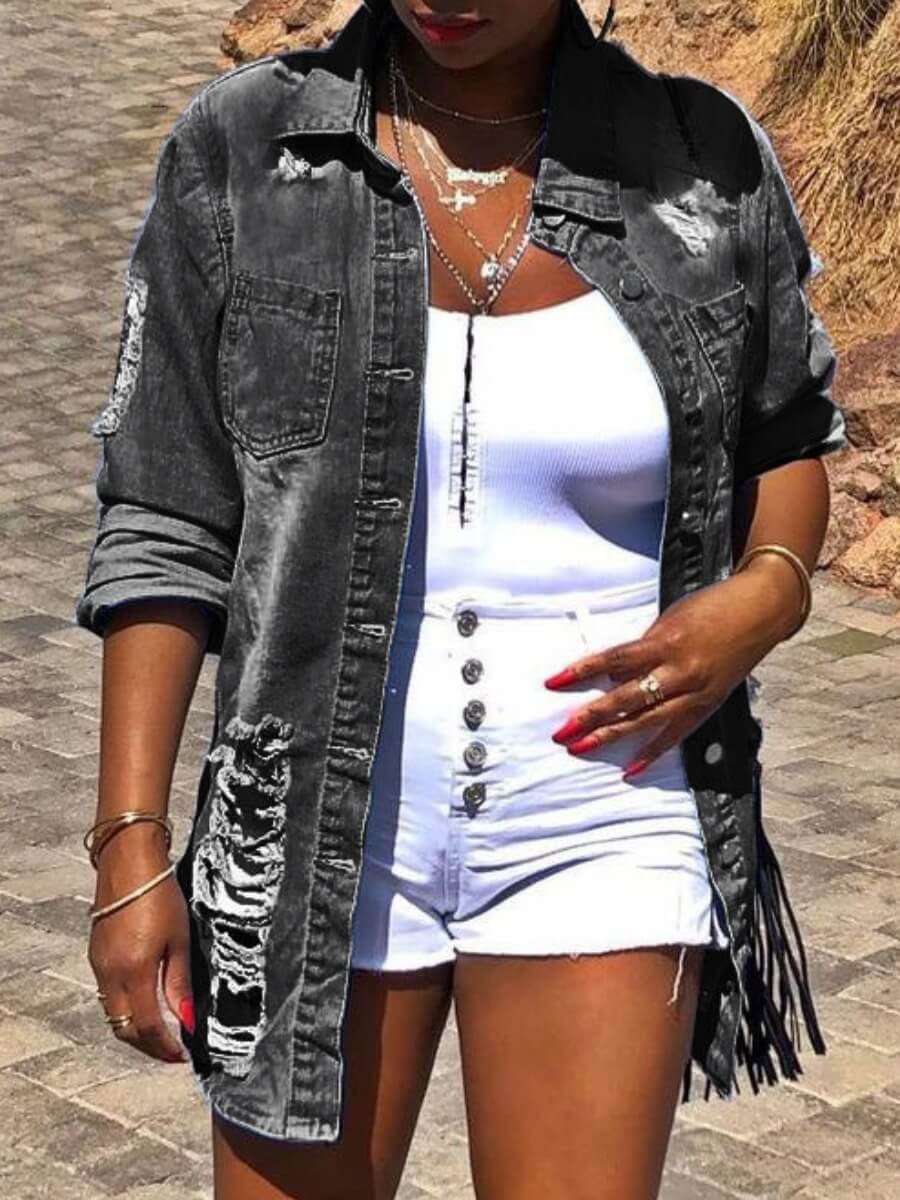 

Lovely Street Turndown Collar Broken Holes Black Denim Jacket