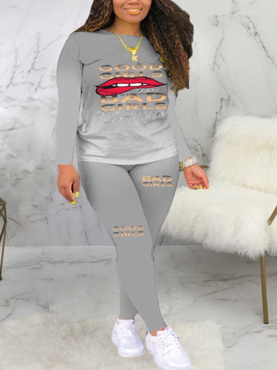 

Lovely Casual Gradient Lip Print Grey Two Piece Pants Set