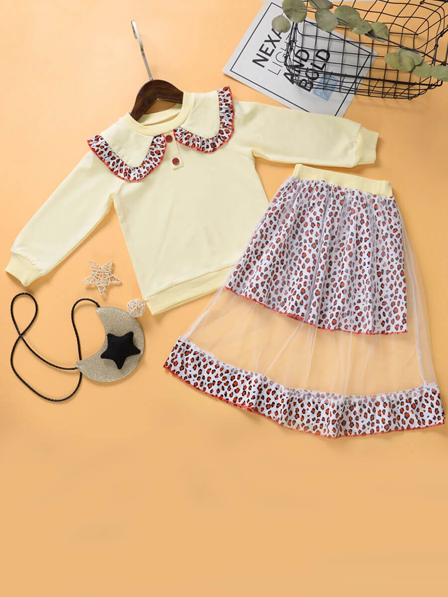 

Lovely Sweet Sailor Collar Mesh Patchwork Apricot Girl Two-piece Skirt Set