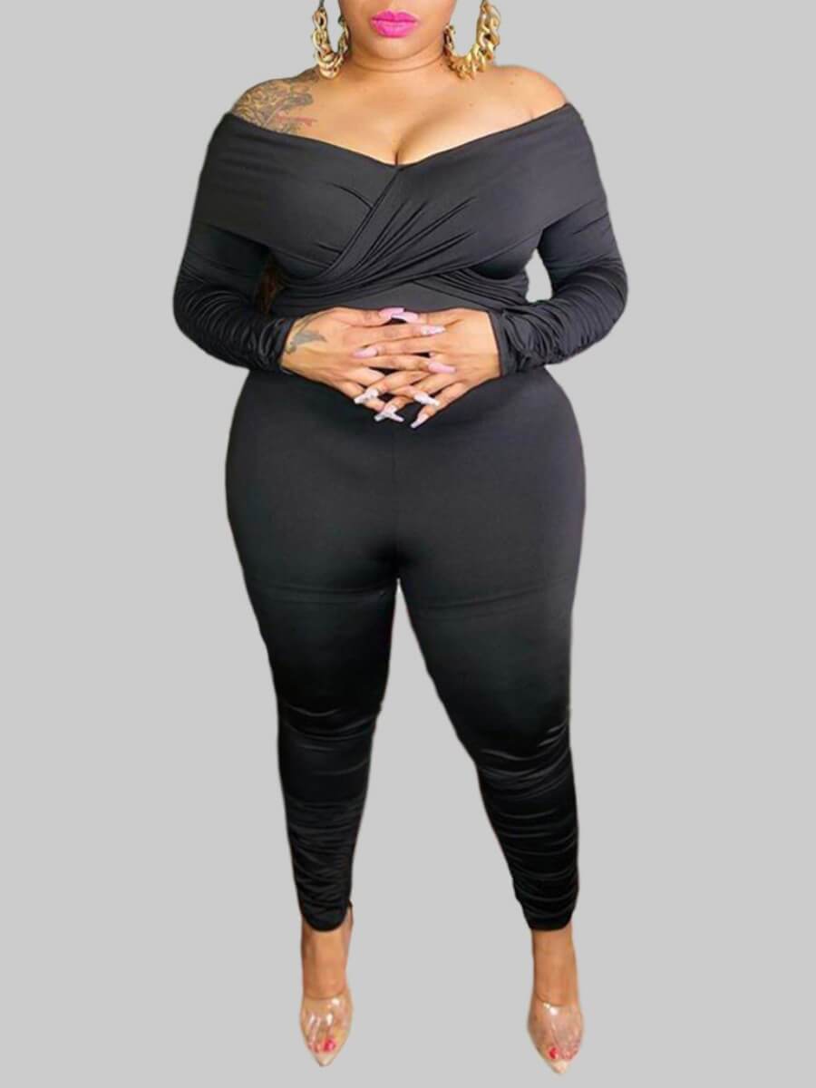 

Lovely Sexy Bateau Neck Cross-over Design Black Plus Size One-piece Jumpsuit