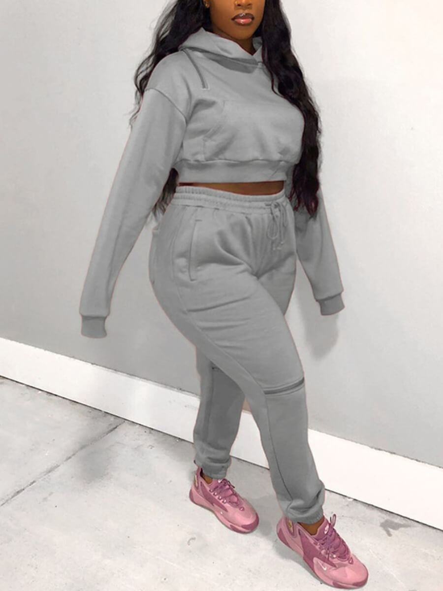 

Lovely Casual Hooded Collar Crop Top Grey Plus Size Two-piece Pants Set