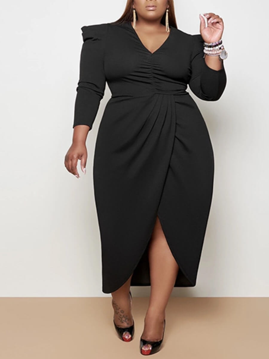 

Lovely Plus Size Formal Ruffle Design High Split Black Ankle Length Dress