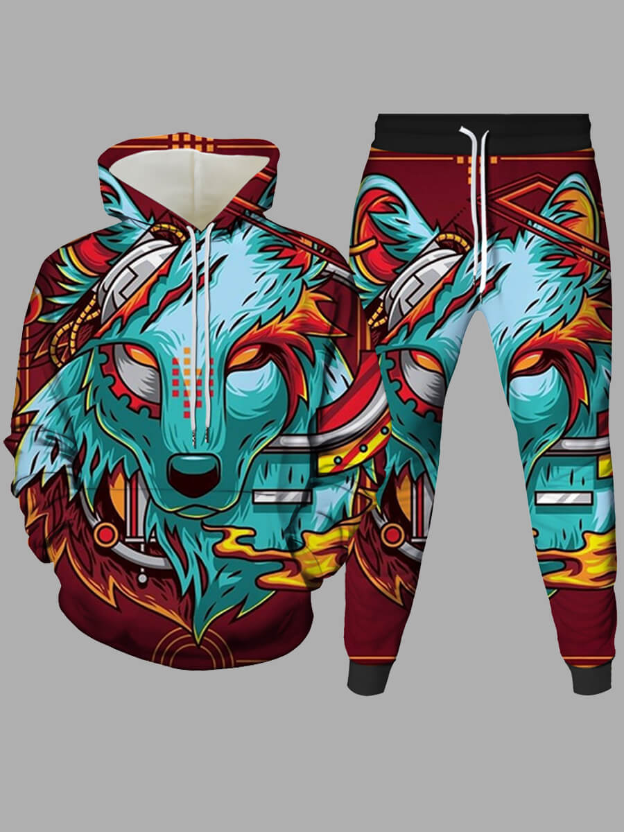 

Lovely Street Hooded Collar Print Purplish Red Men Two-piece Pants Set