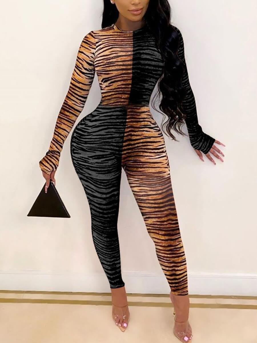 

Lovely Trendy O Neck Striped Print Patchwork Black One-piece Jumpsuit