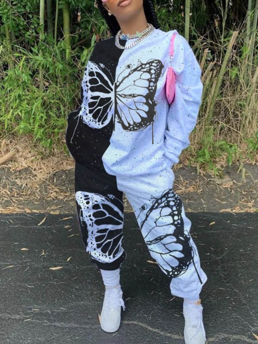 

Lovely Street O Neck Butterfly Print Patchwork Black Two Piece Pants Set