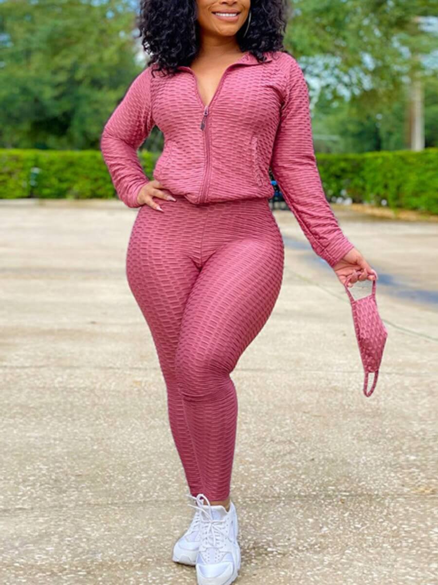 

Lovely Sportswear Turndown Collar Zipper Design Pink Two Piece Pants Set(Without Mask