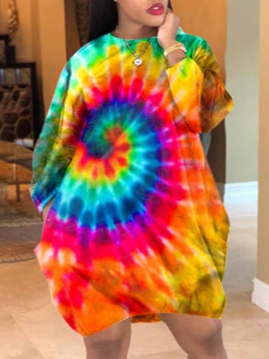 

Lovely Stylish O Neck Tie-dye Yellow Knee Length Dress