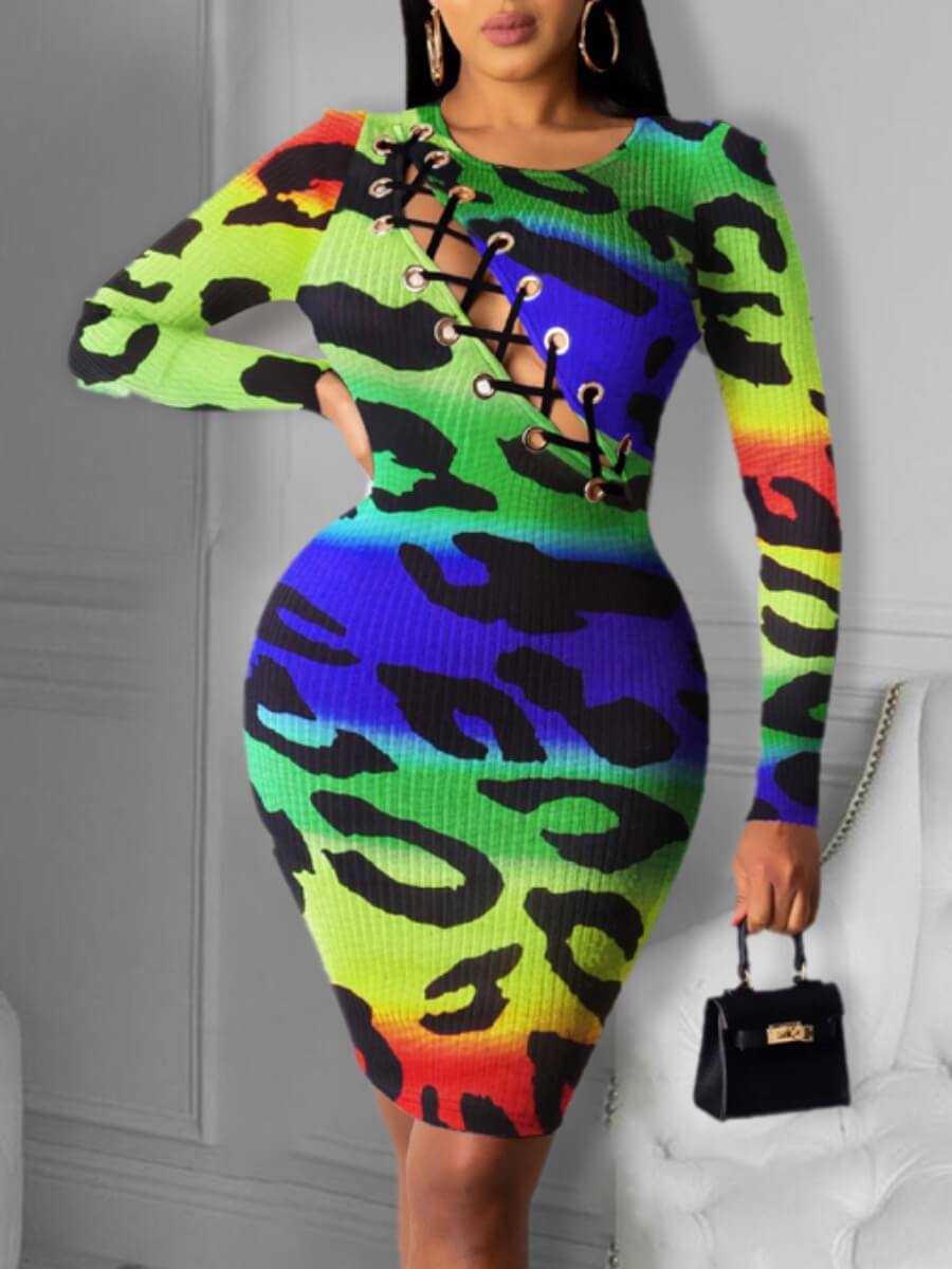 

Lovely Sexy O Neck Print Hollow-out Multicolor Knee Length Dress, Multi