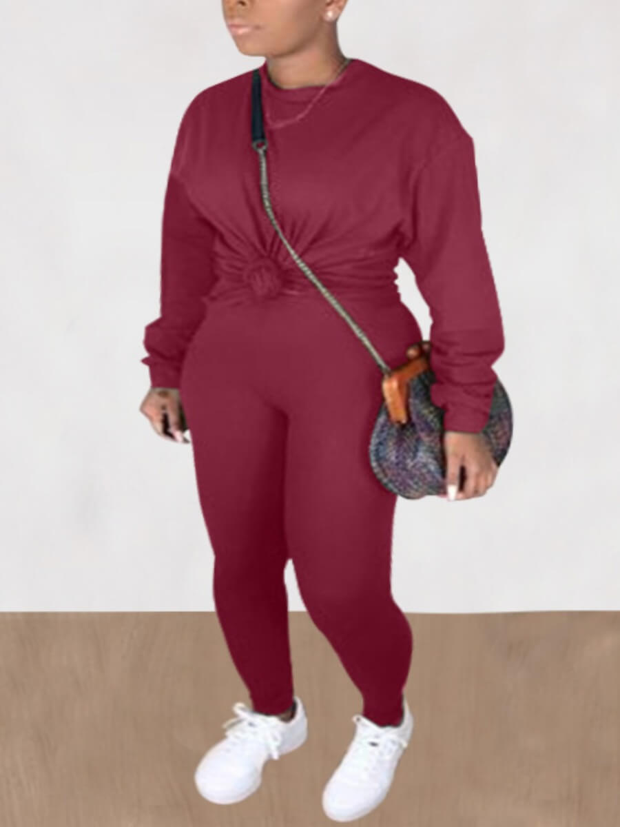 

Lovely Casual O Neck Basic Skinny Purplish Red Two Piece Pants Set