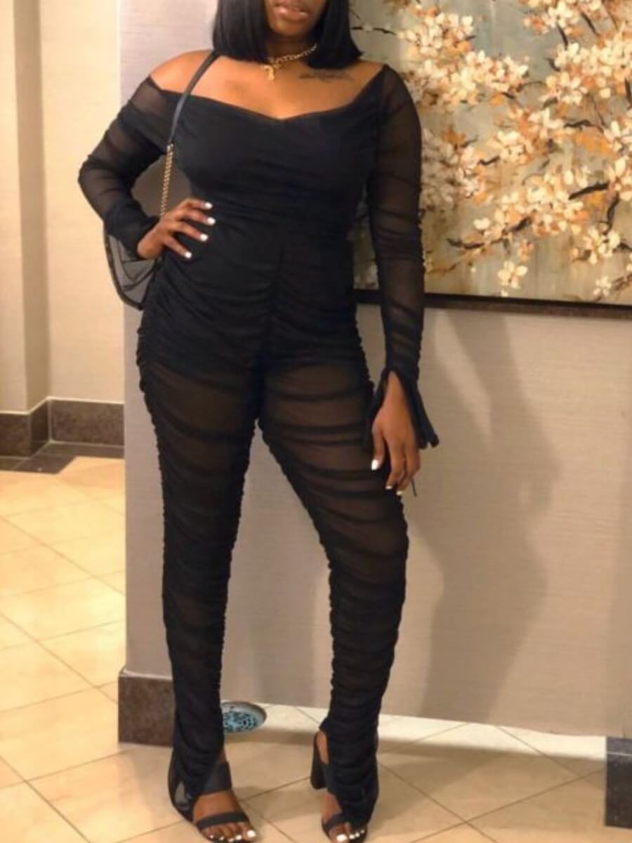 

Lovely Sexy See-through Mesh Patchwork Black One-piece Jumpsuit