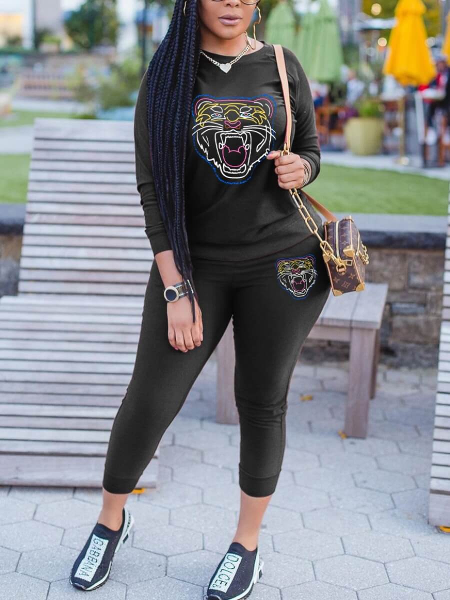 

Lovely Casual O Neck Print Black Two Piece Pants Set