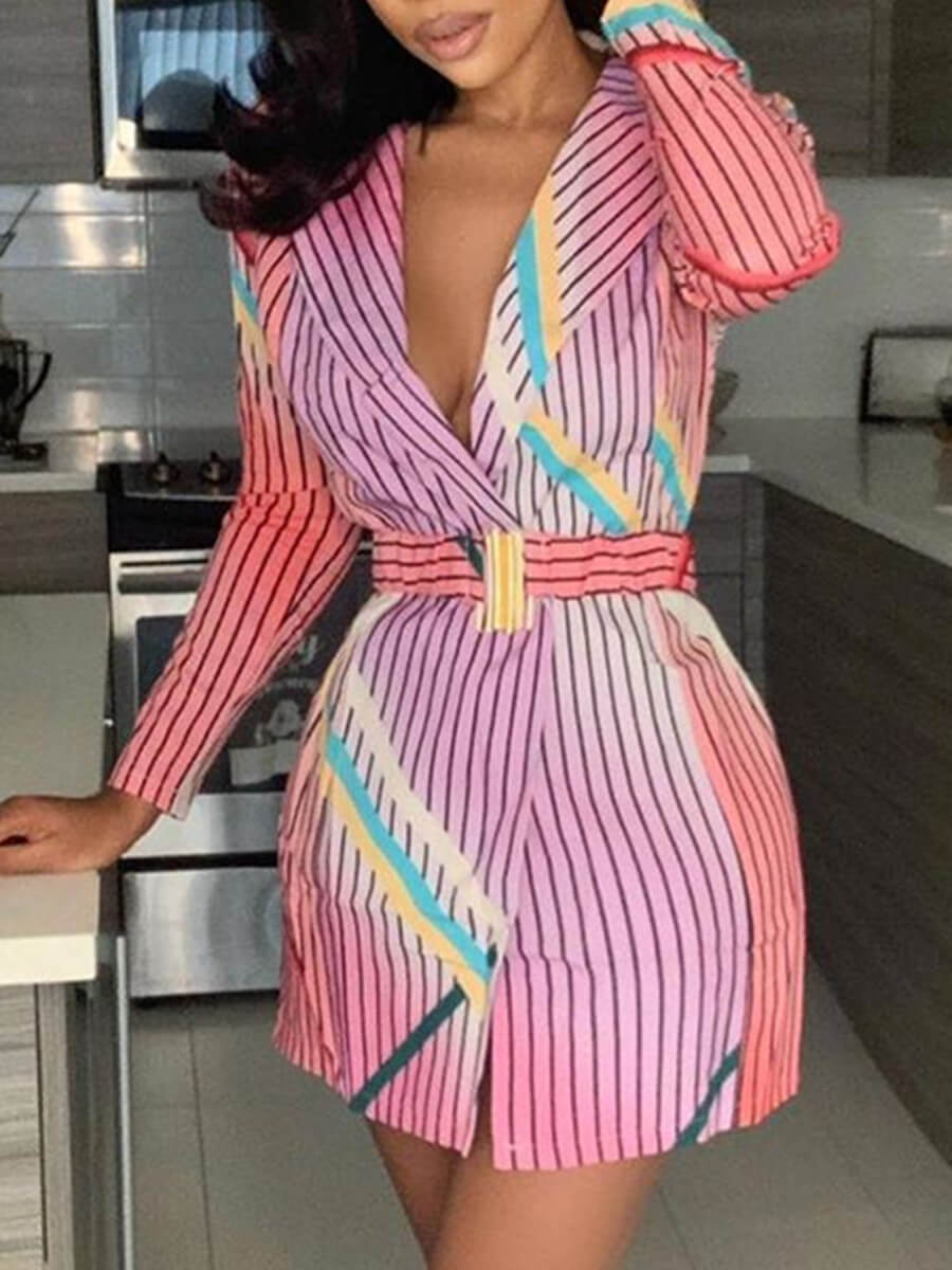 

Lovely Trendy Turndown Collar Striped Print Pink Blazer