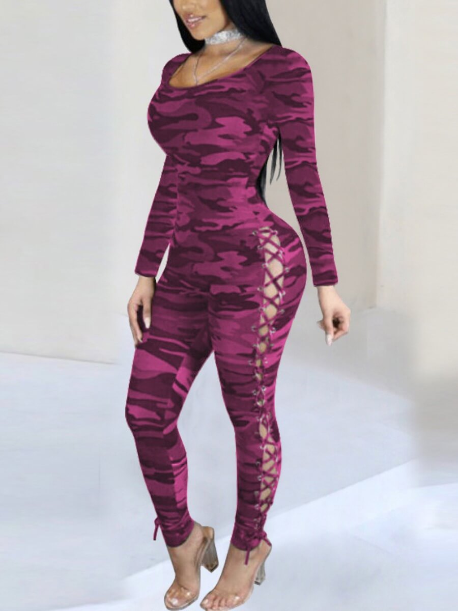 

Lovely Street Camo Print Hollow-out Rose Red One-piece Jumpsuit