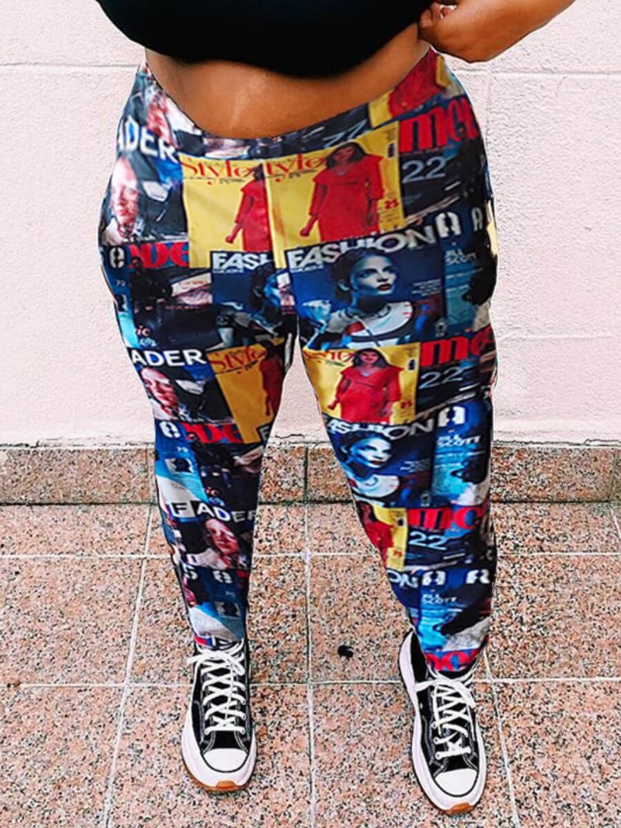 

Lovely Casual High-waisted Print Multicolor Plus Size Pants, Multi