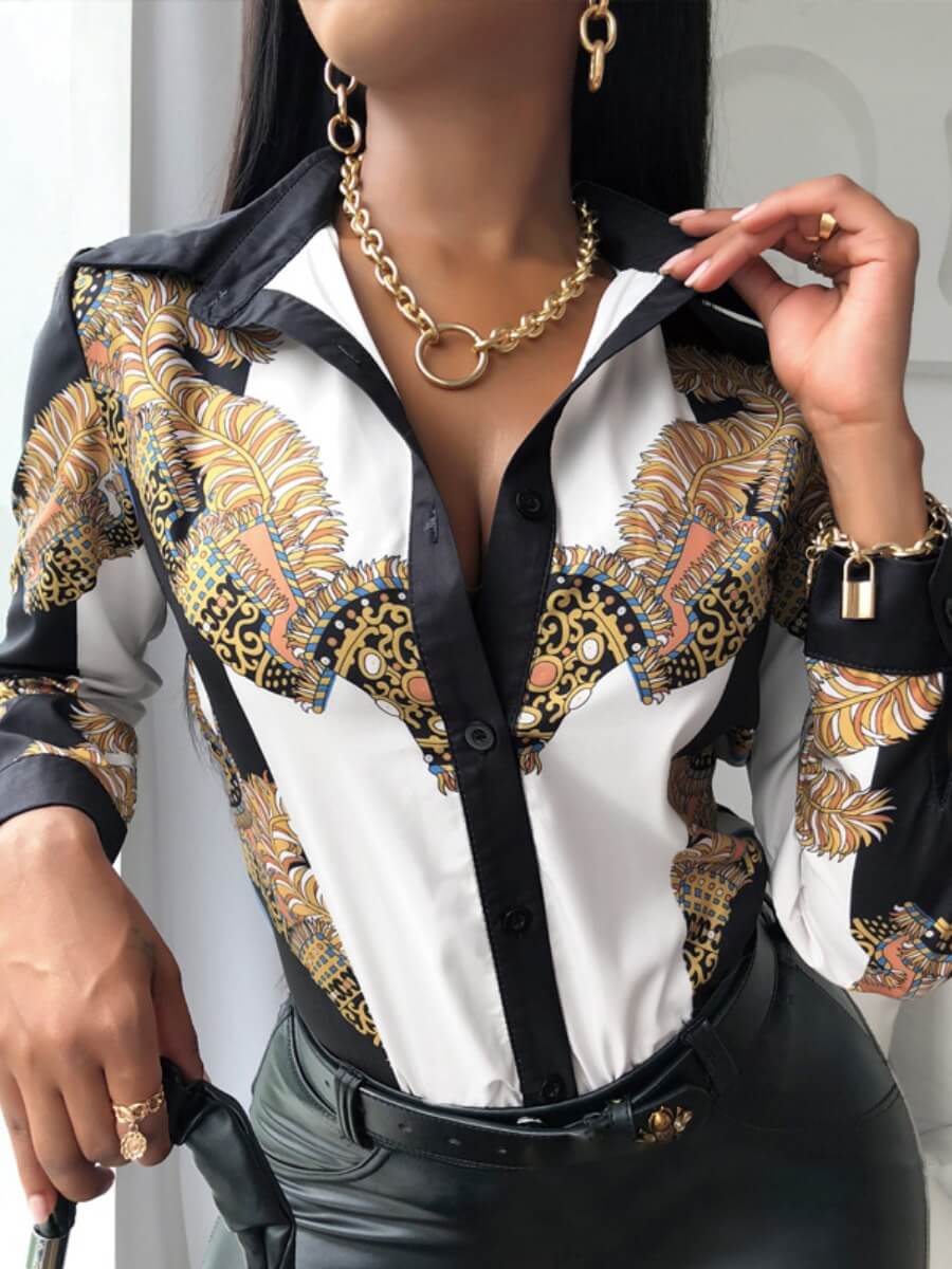 

Lovely Street Print Patchwork Black Blouse