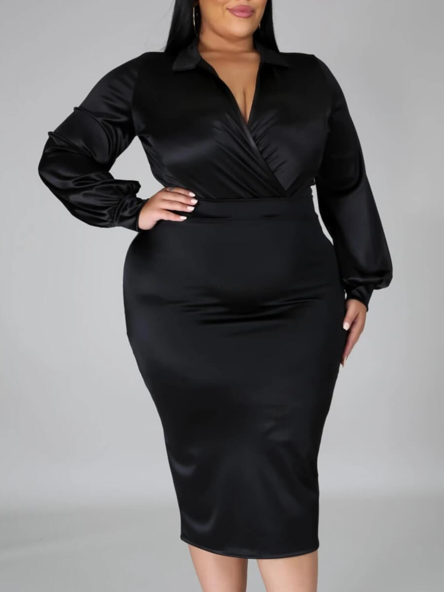 

Lovely Casual Turndown Collar Long Sleeve Split Black Plus Size Two-piece Skirt Set